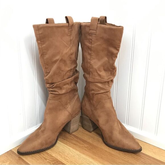 REPORT Tariq Vegan Suede Leather Slouch Boot High Block Heel Brown Size 8 - Picture 3 of 13